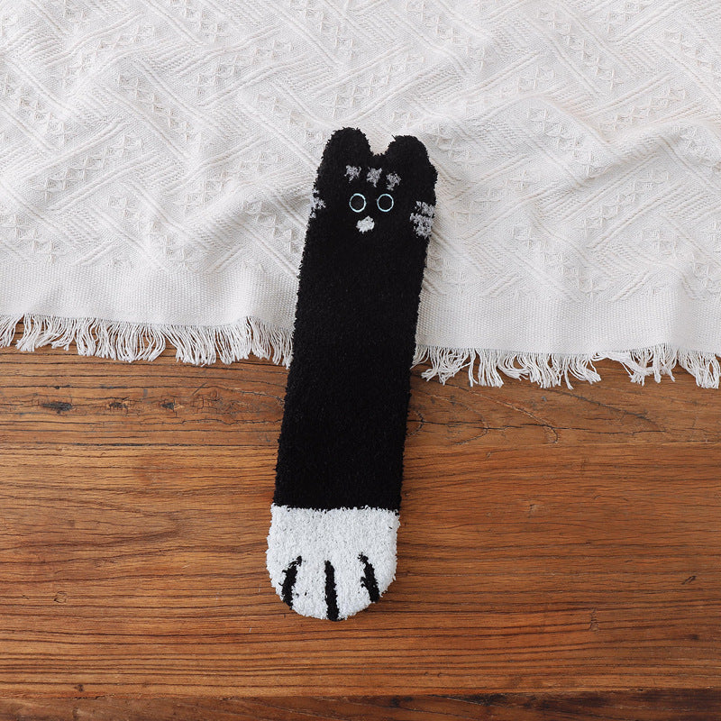 Coral Fleece Socks Women's Thick Warm Winter Sleep Long Japanese Cute Cartoon Embroidered Mid-calf Cat's Paw Socks