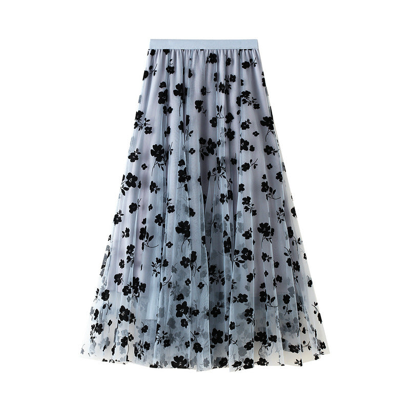 Thin Drape Pleated Skirt Flocking Mesh Skirt Women