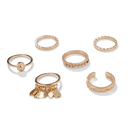 6-piece Ring Geometric Leaf Tassel Ring