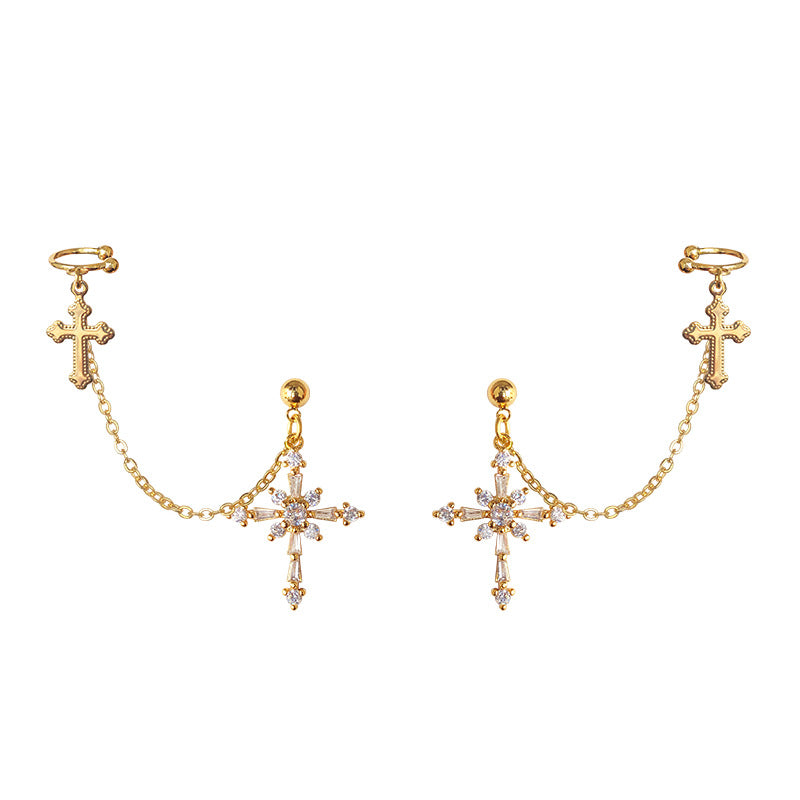 Baroque cross ear bone clip earrings