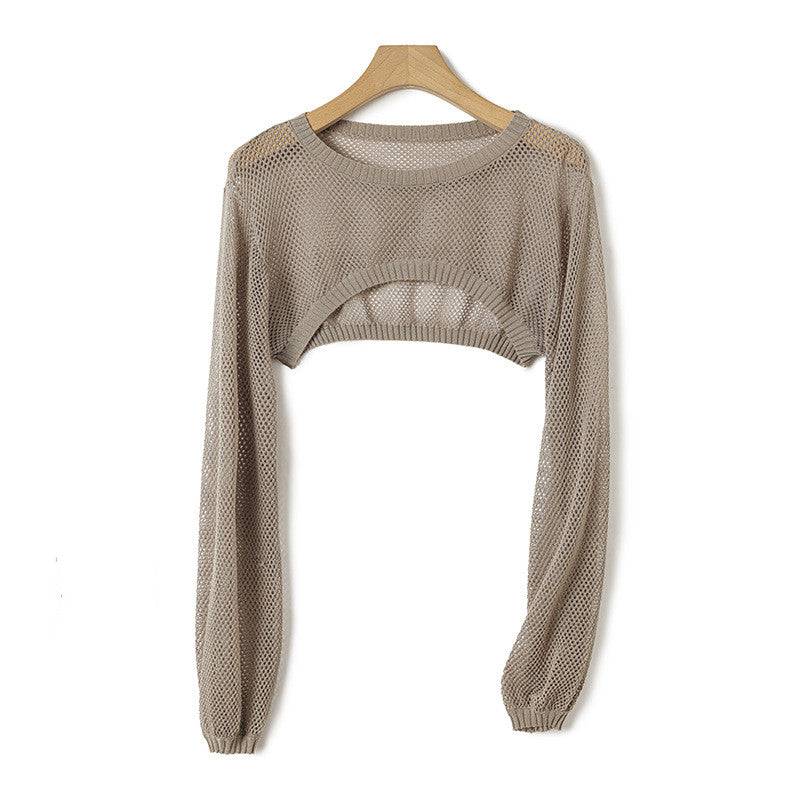 Ice Silk Lyocell Round Neck Knitted Lantern Sleeve Hollow-out Short Blouse Sun Protection Shirt Women