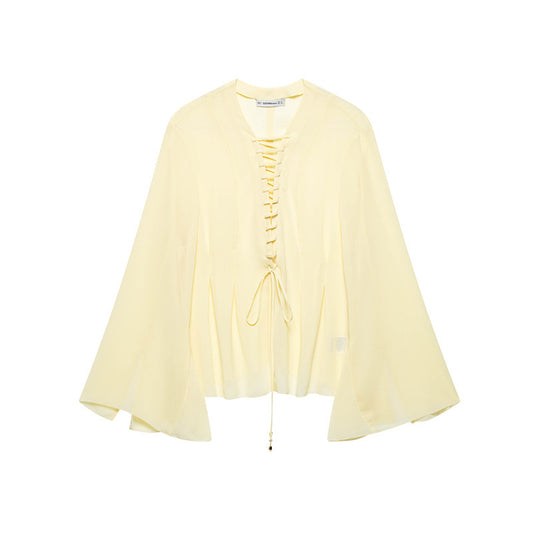 Solid Color Wide Sleeve Lace-up Decorative Chiffon Top