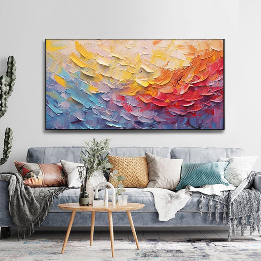 Hand Drawn Blue Red Yellow Knife Thick Flowers Oil Painting On Canvas New Special Design Colorful Blocks Artwork For Wall Decor