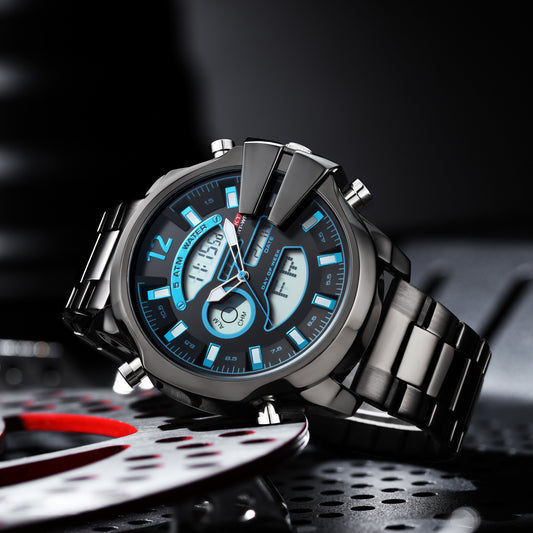 New Men's Double Display Alarm Clock Led Sports Steel Watch Waterproof
