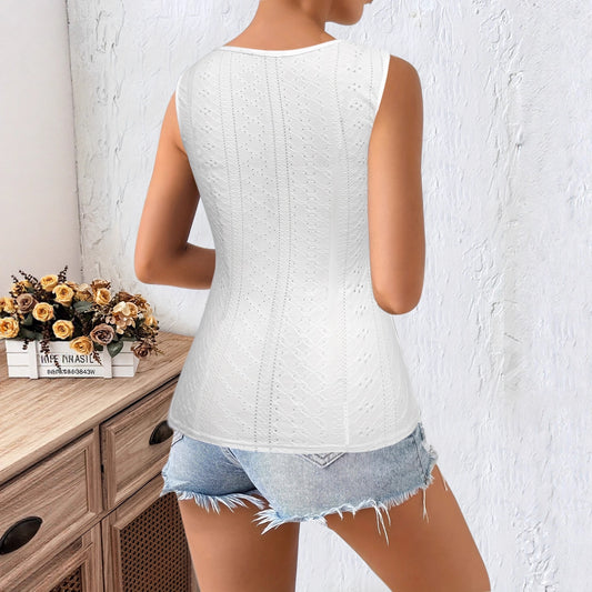 Mesh Embroidery Three-strap Solid-color Camisole Top With Cutout Design