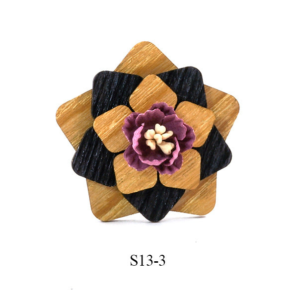 Color-blocking handmade wooden corsage brooch