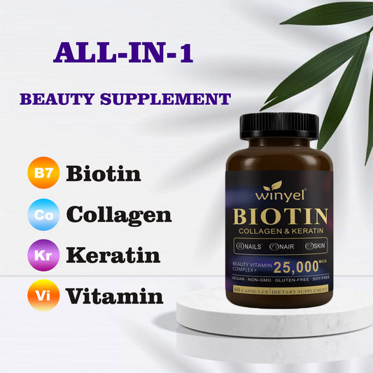 Biotin Collagen Hyaluronic Acid Keratin - Support Normal Hair Growth Cycle - Skin & Nails - 25000mcg Vitamins B1, B2, B3, B6 & B7 - For Women & Men 60 Capsules