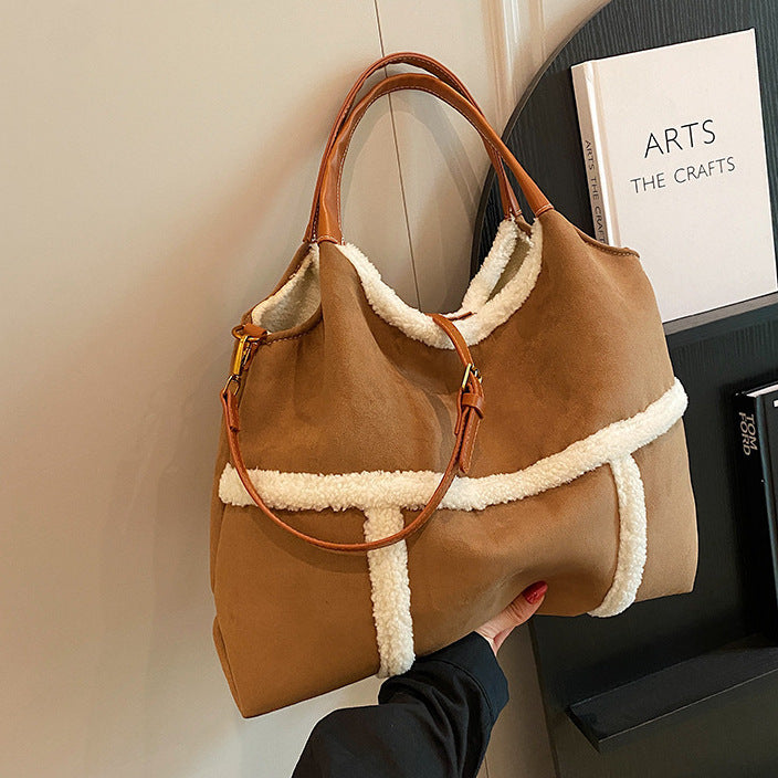 2pcs Women Plush Totes Casual Large-capacity Suede Handbag Winter Bags