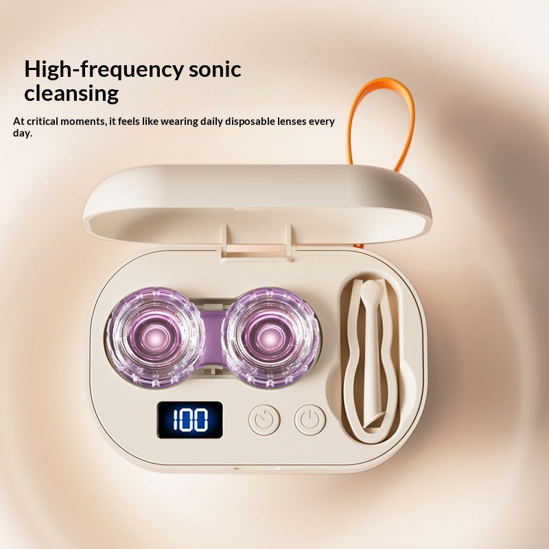 Portable Contact Lens Case With Ultrasonic Automatic Cleaning Feature