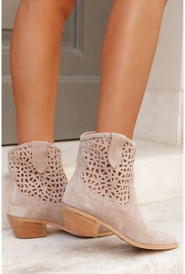 Womens Plus-Size Fashion Ankle Boots With Hollowed-Out Design And Chunky Heel