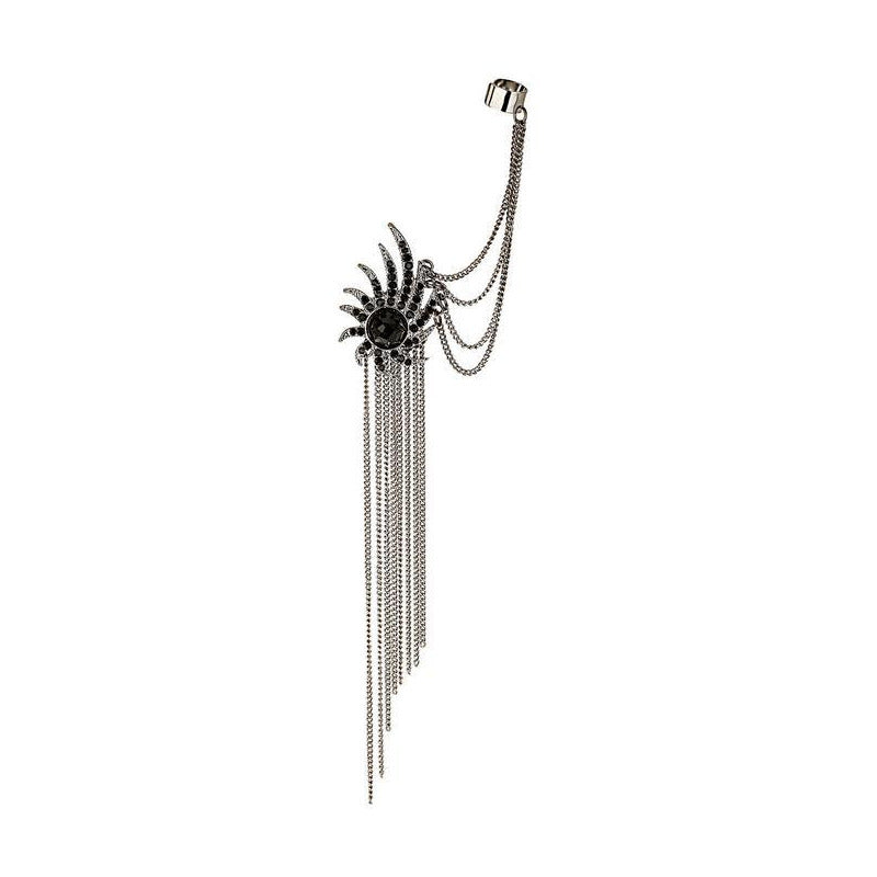 Diamond black firework tassel ear bone clip earrings