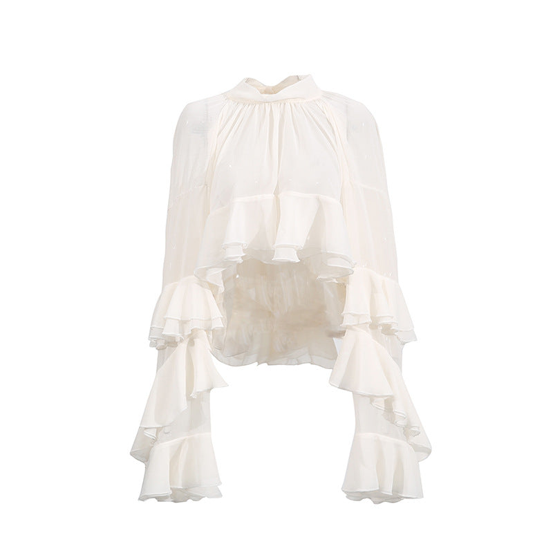 Fashion Casual Long Sleeve Layered Ruffled Short Chiffon Shirt