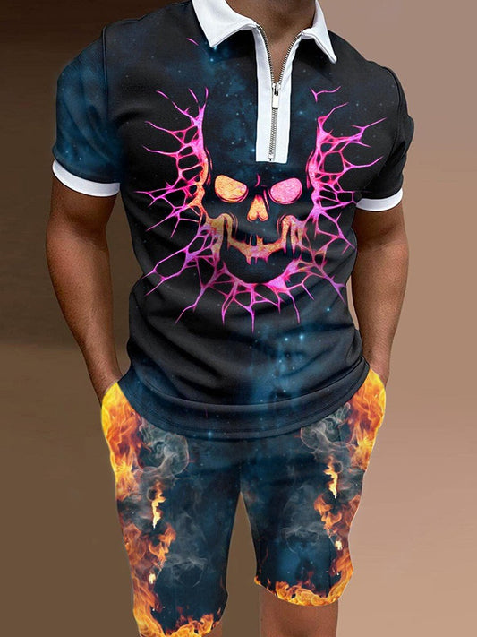 Men's Summer Fashion 3D Printed Short Sleeve Geometric Zip Lapel Shirt Set