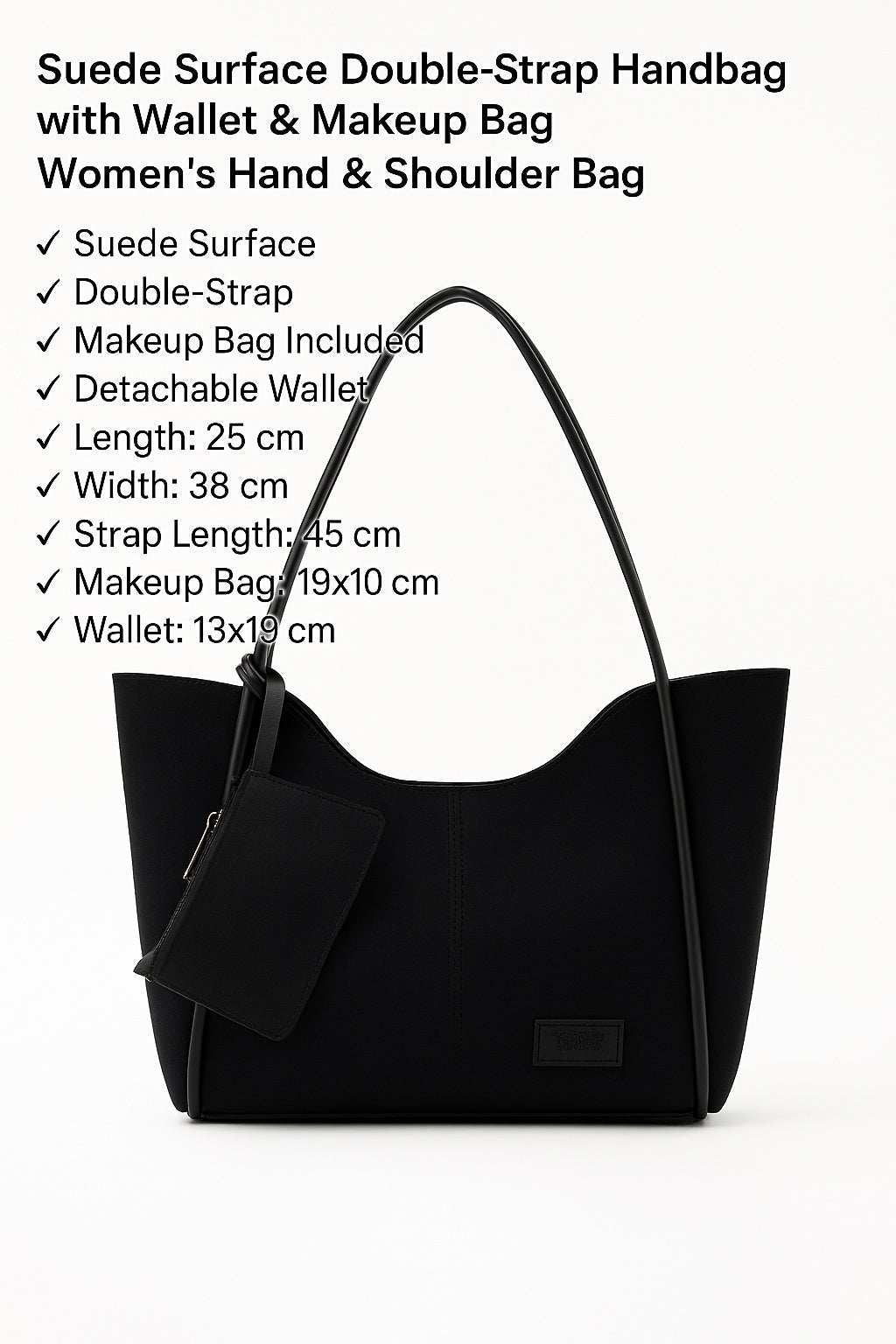 Black Suede SHK108 Women Hand And Shoulder Bag With Wallet And Makeup Bag