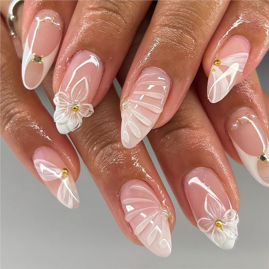 Almond Type Fake Nails Simple White Three-dimensional Water Ripple