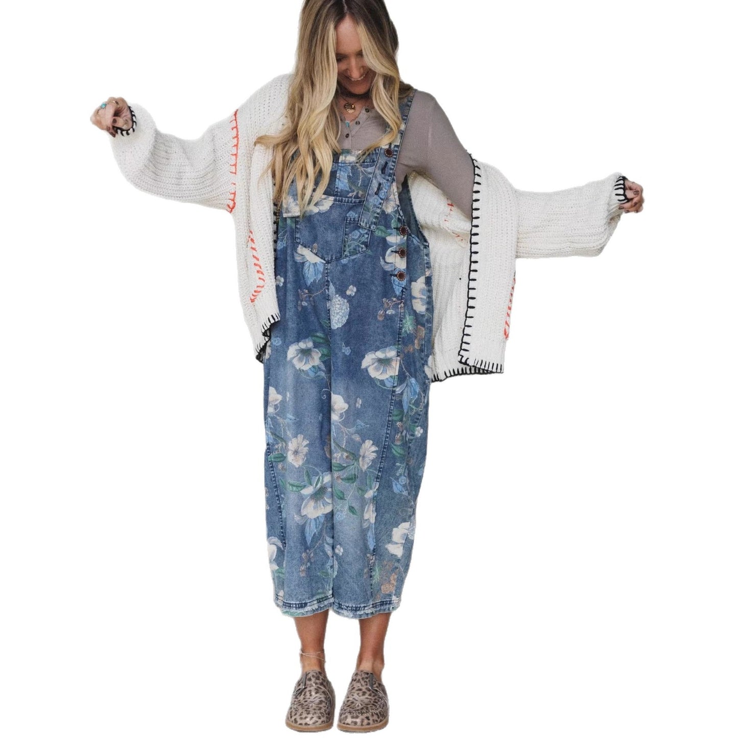 Loose Fit Printed Denim Trousers For Women