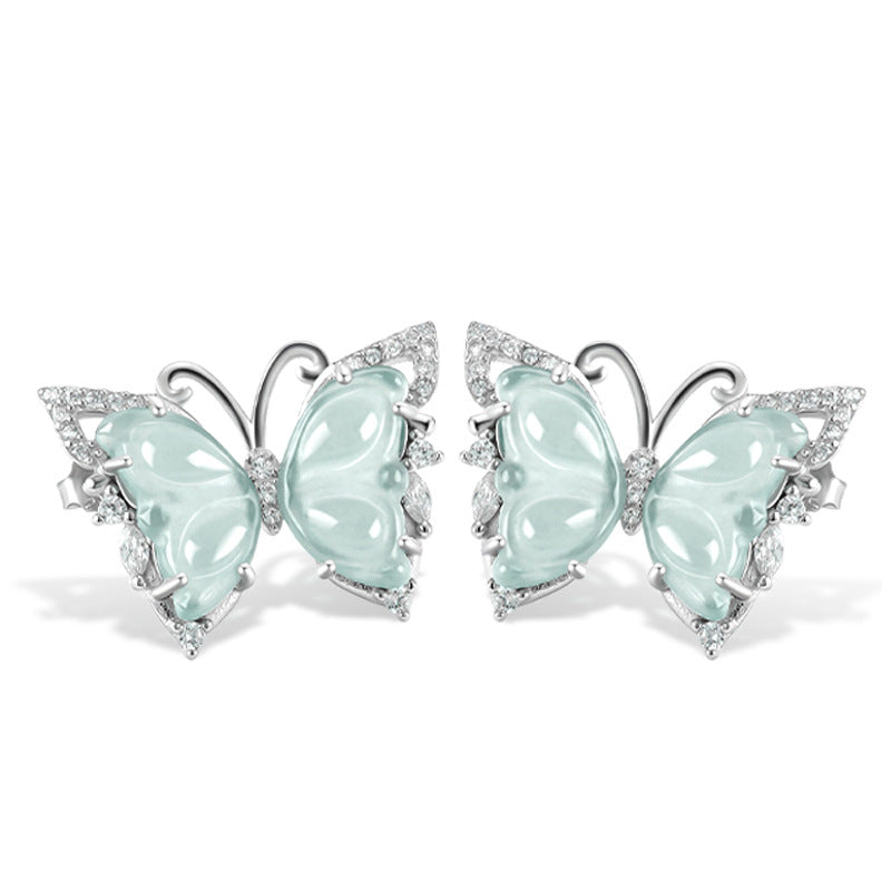 Ice Jade Stone S925 Silver Inlay Women's Fashion Rings Ear Studs