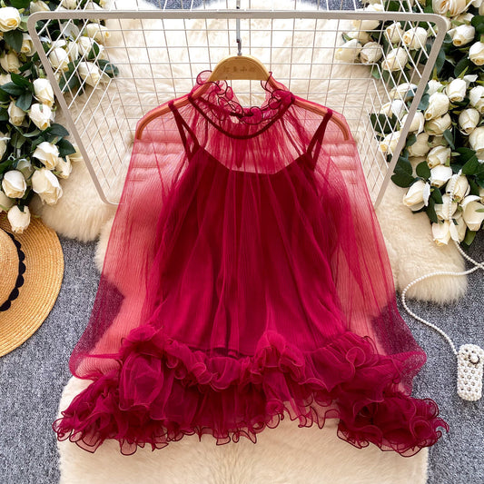 New Style Chiffon Pleated Lace Inner Camisole Two-Piece Set For Women
