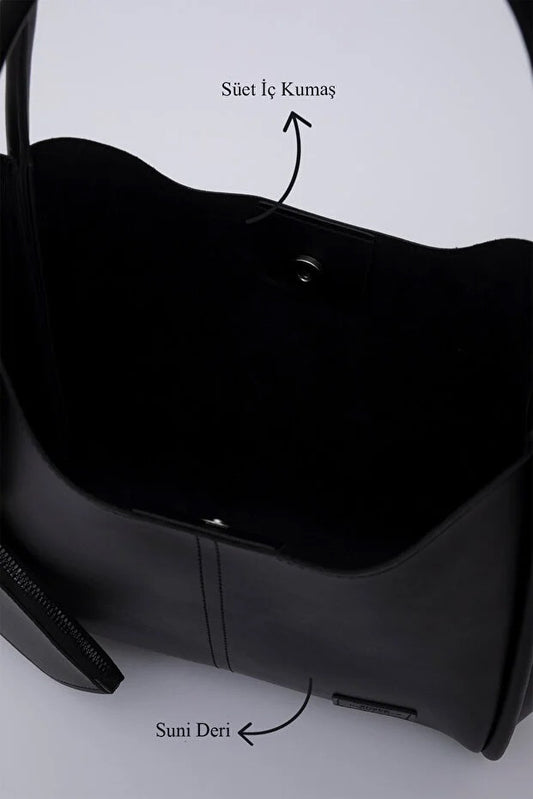 Black SHK108 Faux Leather Women Hand And Shoulder Bag With Wallet And Makeup Bag