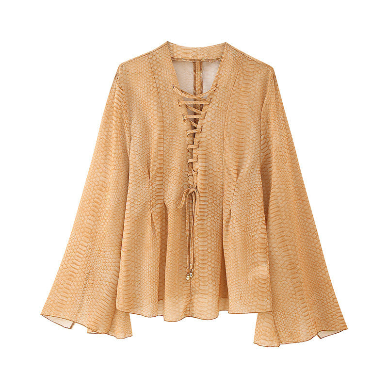 Solid Color Wide Sleeve Lace-up Decorative Chiffon Top