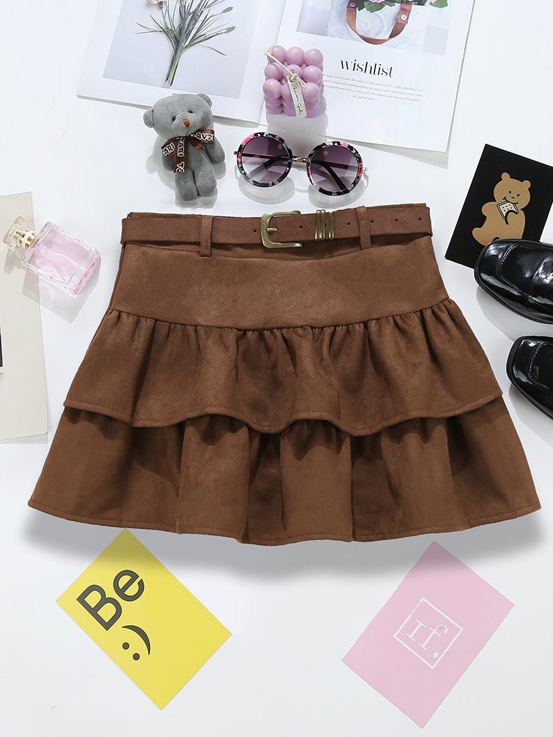 Brown Suede Cake Skirt For Women
