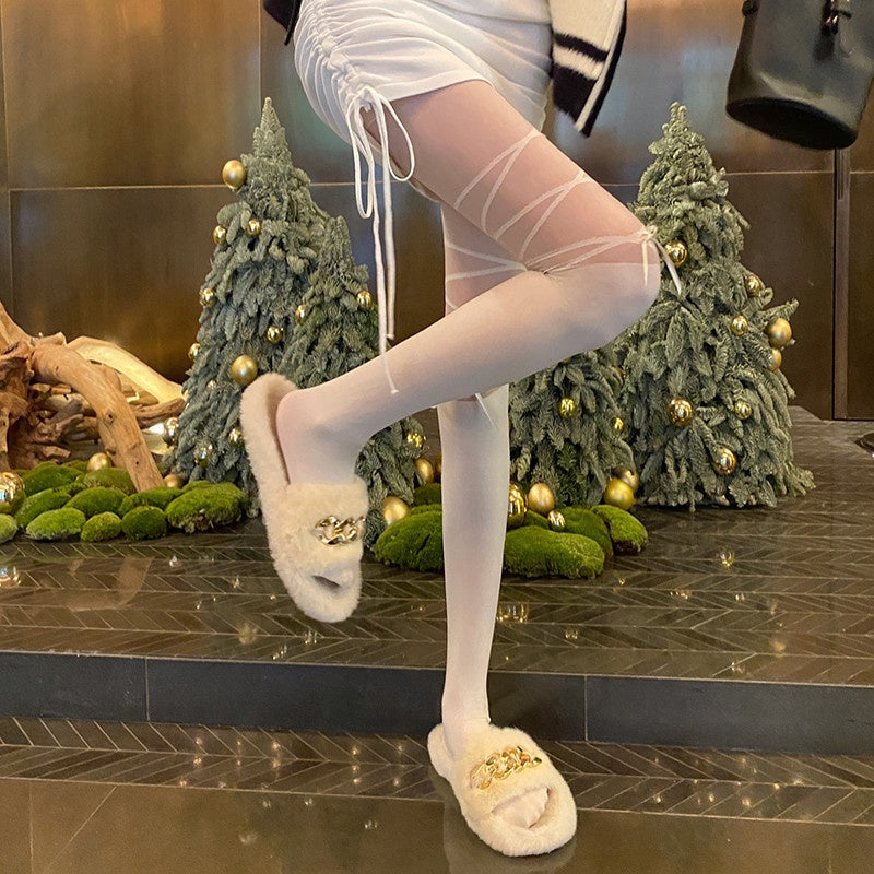 White JK Over-the-Knee Socks, Lace-up Bow Spliced Fake Thigh High Pantyhose, Anti-snag Sheer Stockings For Women, Spring & Summer