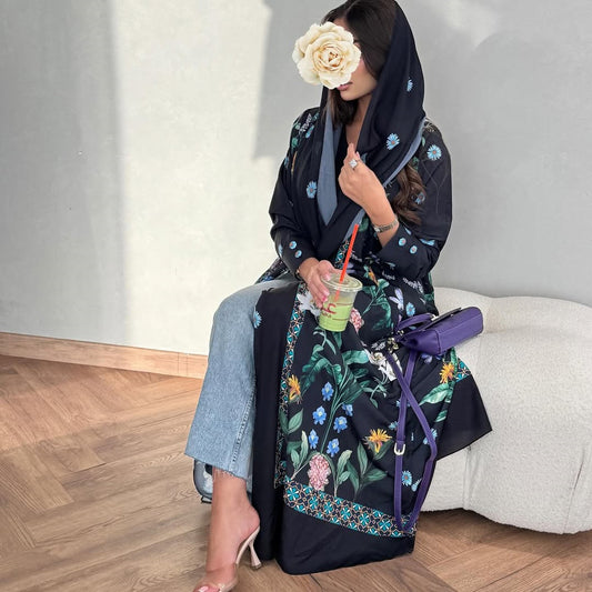 Womens Fashionable Printed Casual Cardigan Coat With Headscarf
