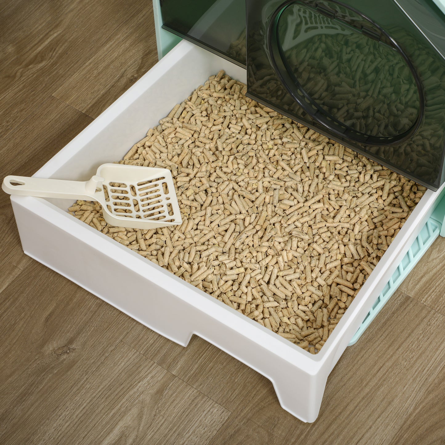 Hooded Cat Litter Box w/ Litter Mat, Litter Particle Catching, Light Blue