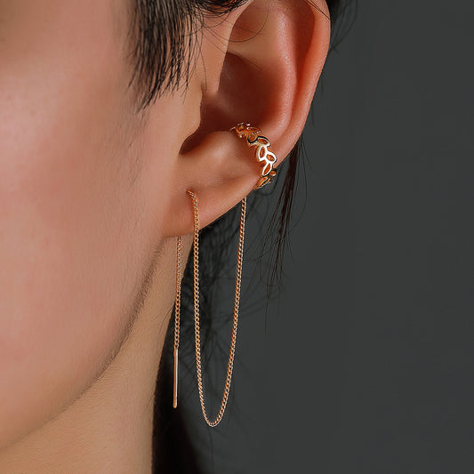 Gold Long Copper C-shaped Hollow Leaf Ear Clip Ear Wire Earrings