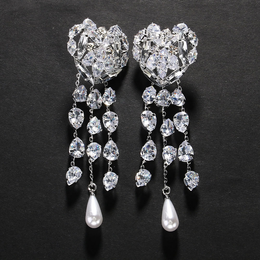 Heart Shape Ear Clip Pendant Tassel Rhinestone Earrings