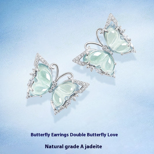 Ice Jade Stone S925 Silver Inlay Women's Fashion Rings Ear Studs