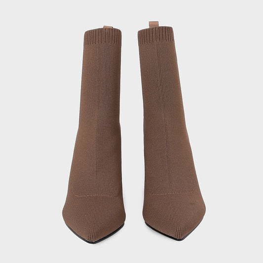 Brown Yellow Geometric High Heel Chunky Heel Retro Ankle Boots Elastic Socks Boots Women