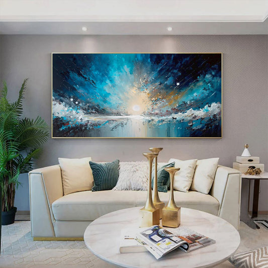 Handmade Oil Painting Canvas Wall Art Decoration Abstract Blue Starry Sky Ocean Artwork For Home Living Room Decor Rolled Frameless Unstretched Painting