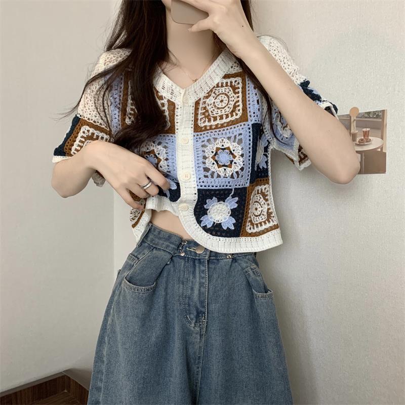 New Version Contrast Color Crocheted Hollow Cardigan Women V-neck Blouse