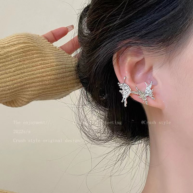 Silver Liquid Butterfly Integrated Stud Earrings Ear Clip