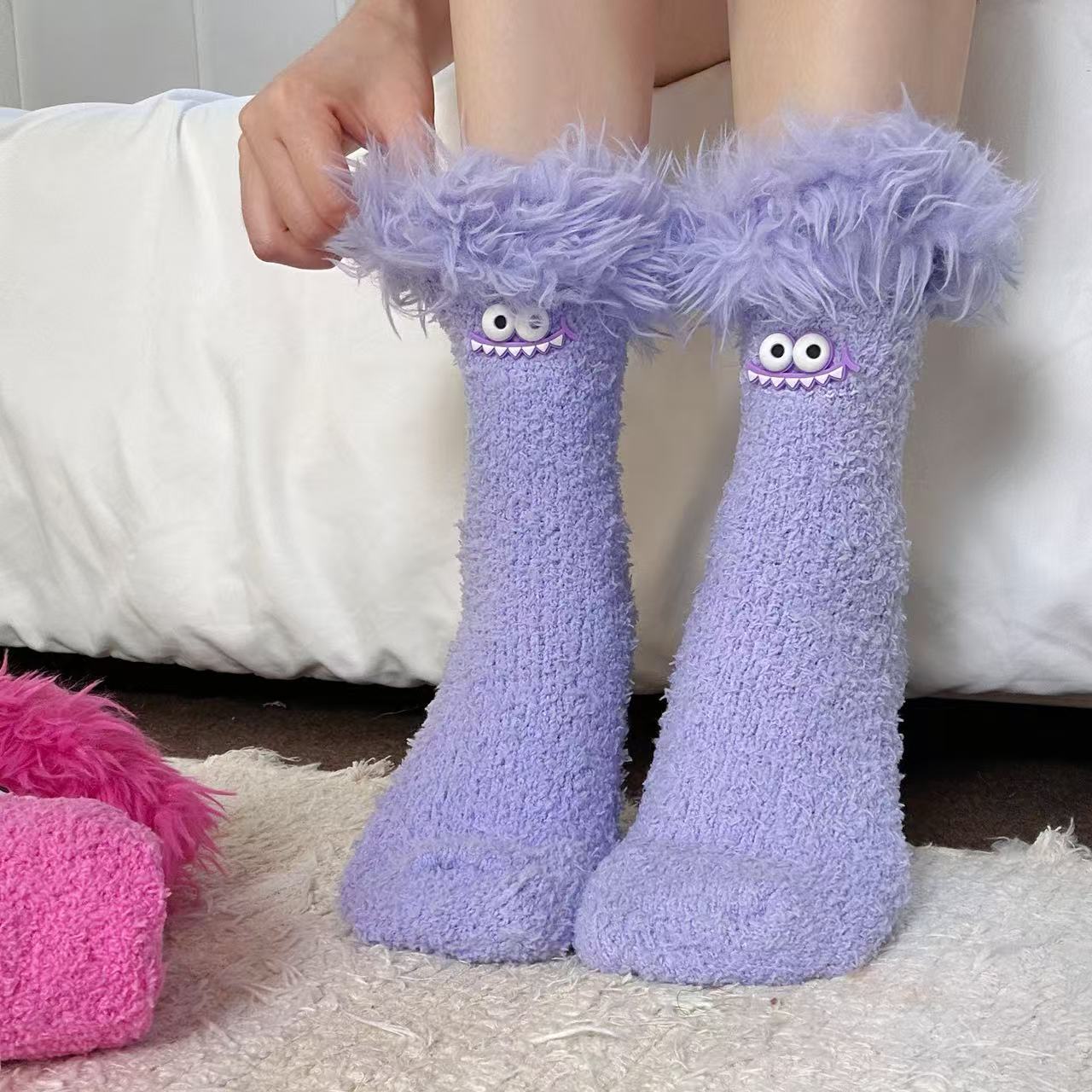 Big Mouth Monster Plush Socks Fleece-Lined Thick Warm Coral Fleece