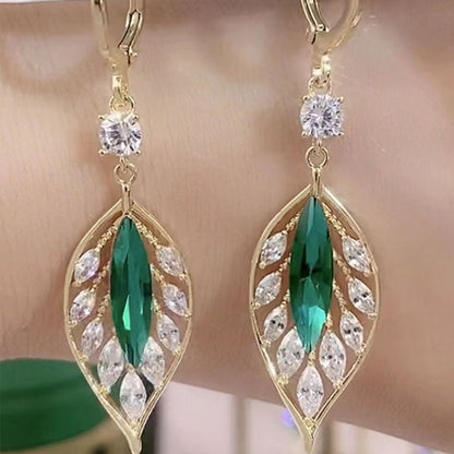 Shining Zircon Green Leaves Ear Clip Trendy Elegant Earrings