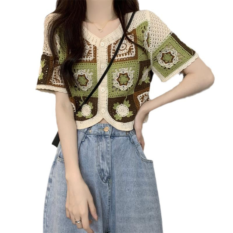 New Version Contrast Color Crocheted Hollow Cardigan Women V-neck Blouse