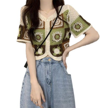 New Version Contrast Color Crocheted Hollow Cardigan Women V-neck Blouse