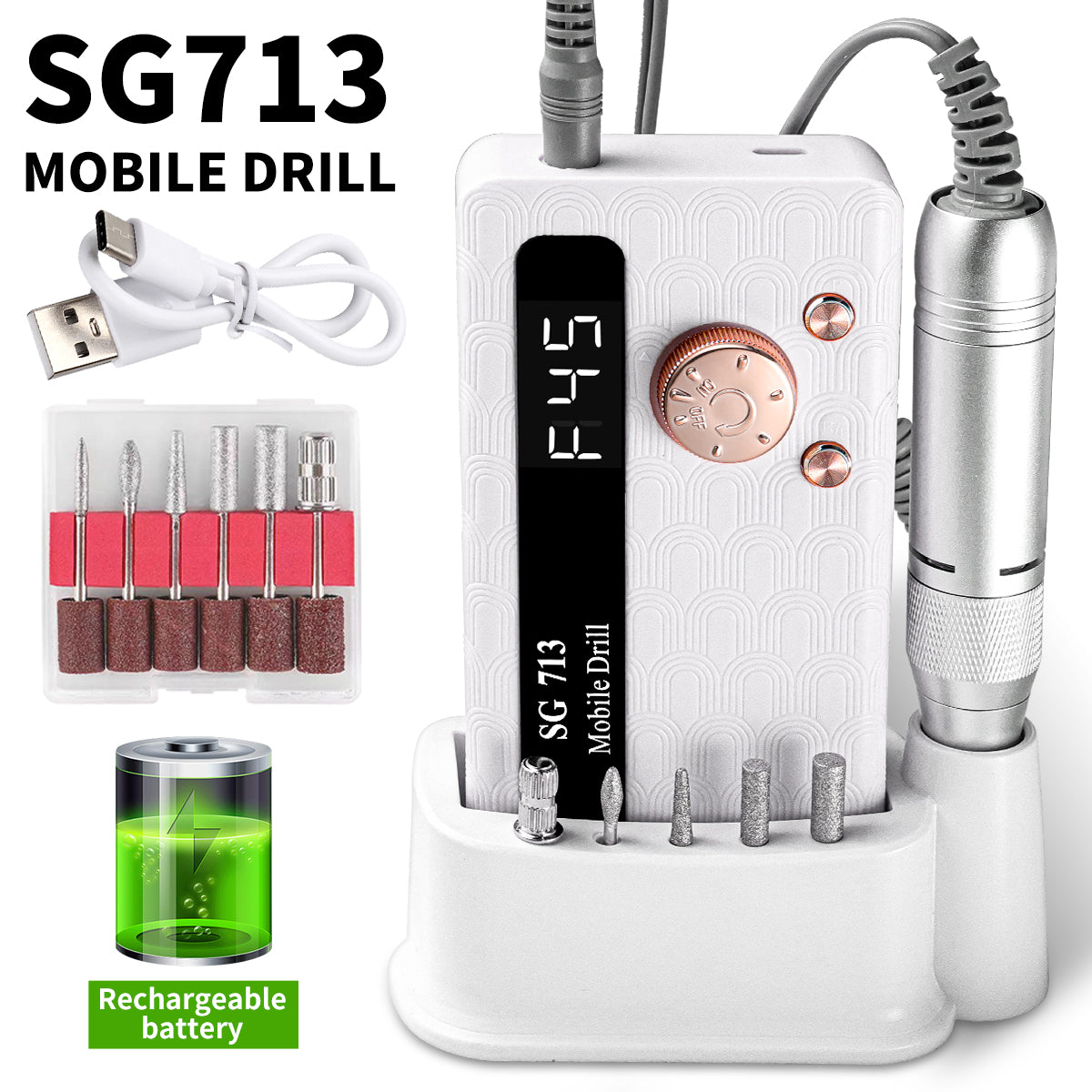Electric Nail Drill - 45000RPM Portable Nail Drill-Rechargeable Nail E-File Kit With 6 Bits & Base-LED Screen-Ultra-Silent, Rechargeable Nail Drills Machine For Acrylic Nails Gel Polishing