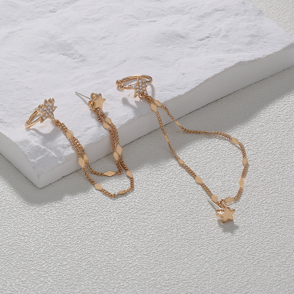 Ear Bone Clip Ear Line Integrated Long Tassel Earrings Micro Set Zircon Five Pointed Star Earrings Ear Clip Jewelry