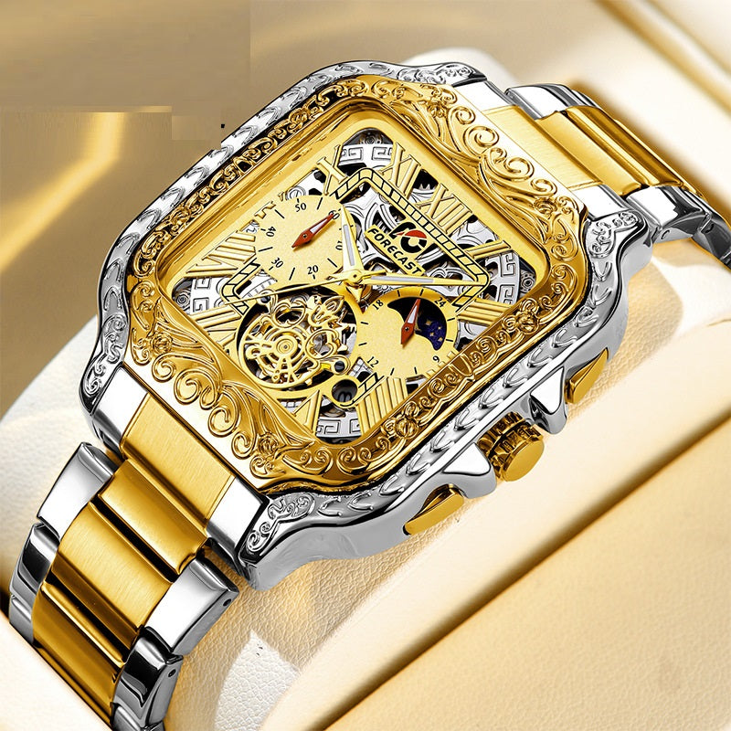 Retro Square Carved Multifunctional Six-pin Men's Watch
