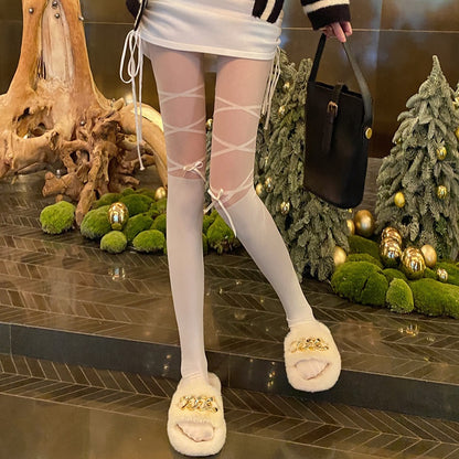 White JK Over-the-Knee Socks, Lace-up Bow Spliced Fake Thigh High Pantyhose, Anti-snag Sheer Stockings For Women, Spring & Summer