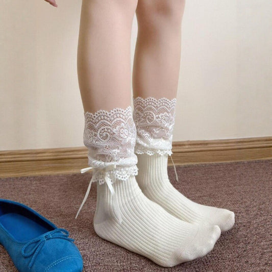 Spring And Summer Miu-Style Ballet Slouch Socks For Women, Lace Bow Calf Socks, Sweet Mid-Calf Socks, Lolita & JK Socks
