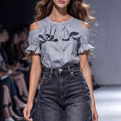 Women's Gray Ruffled-edge Short-sleeve Shirt