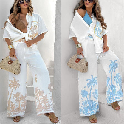 Casual Linen Short-sleeve Lapel Shirt Pants Leisure Suit For Women