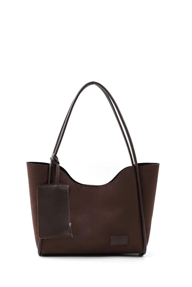 Brown Suede SHK108 Women Hand And Shoulder Bag With Wallet And Makeup Bag