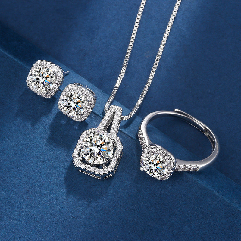 Three-piece Eight Hearts And Eight Arrows Zircon Rings Ear Studs Pendant Necklace Suit