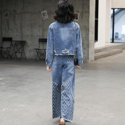 Denim Wide Leg Pants Suit Women Loose Plus Size Fashion Short Coat