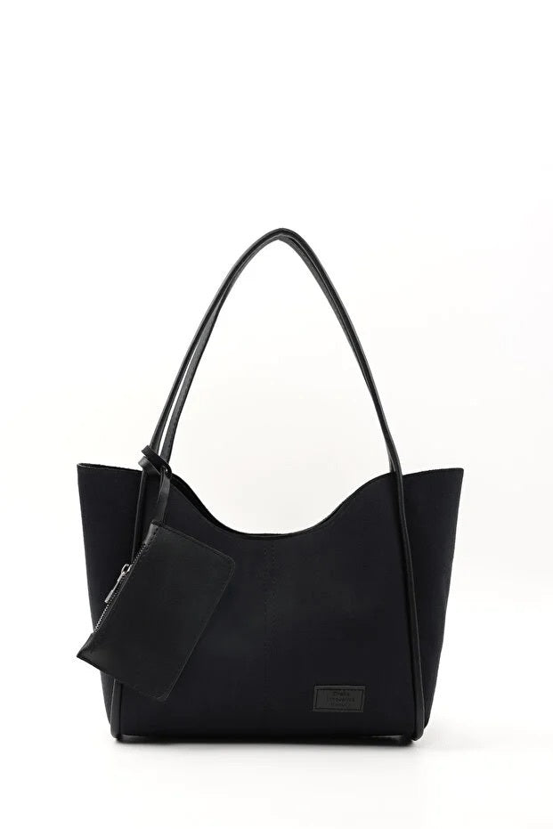 Black Suede SHK108 Women Hand And Shoulder Bag With Wallet And Makeup Bag